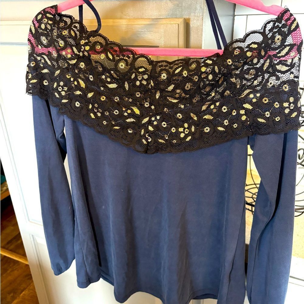 Navy Blouse with Black Lace Detail by Blue Grey, NWT